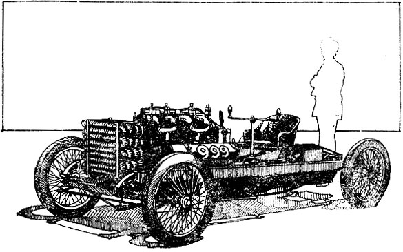 Один из рекордно-гоночных автомобилей молодого Генри Форда - знаменитые 'три девятки'. Рабочий объем двигателя 17,6 л, мощность 70 л. с. Коробка передач, тормоза и задняя подвеска отсутствуют. База автомобиля 2972 мм. На 'родном брате' этого автомобиля - рекордной машине 'Стрела' Форд показал скорость более 147 км/ч. Это произошло 12 января 1904 года на льду озера Сент-Клер. Автомобиль '999' хранится в музее фирмы 'Форд' (США)