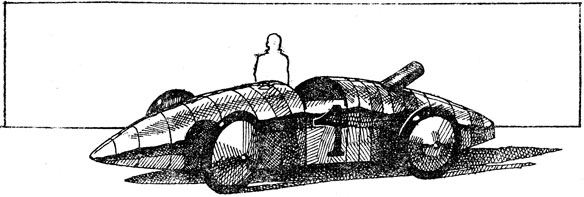 Один из многих неудавшихся рекордсменов - автомобиль Льюиса Росса (1905 г.). Он отличался двумя особенностями: имел странный веретенообразный кузов и паровую машину, о наличии которой свидетельствует 'паровозная' дымовая труба за сиденьем гонщика