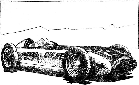 Дизельный рекордно-гоночный автомобиль 'Камминз-Дизел-Спешиэл' - обладатель первого рекорда скорости в классе дизельных машин - 272 км/ч (1953 г.). На нем установлен шестицилиндровый дизель объемом 6568 см3, мощностью 400 л. с. База 2650 кг. Масса 711 кг