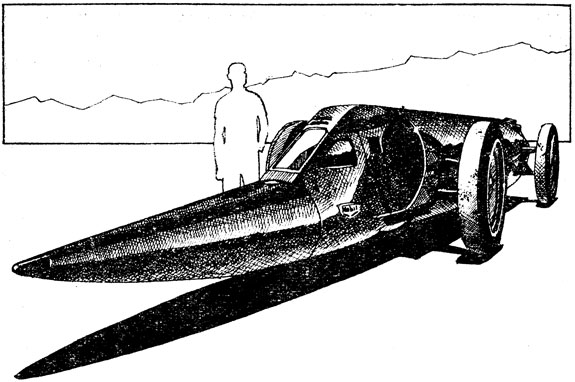 Самолетоподобный 'Летающий жезл' Натана Остина - первый рекордный автомобиль, движимый реактивной тягой. На нем установлена газовая турбина мощностью 1930 л. с, Масса машины 2750 кг. Расчетная скорость 970 км/ч. Максимальная достигнутая скорость в сентябре 1960 года - 420 км/ч