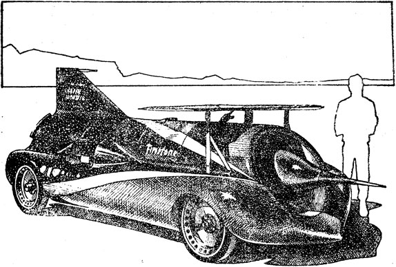 Первый вариант реактивного автомобиля 'Зеленое чудовище' Артура Арфонса, на котором в 1964 году он дважды побивал абсолютное достижение на суше, доведя его до 875,668 км/ч. Сила тяги газотурбинной установки 7700 кгс. База автомобиля 4300 мм. Колея передних колес 1650 мм, задних - 1720 мм. Длина 6400 мм, ширина 1870 мм. Масса 3000 кг