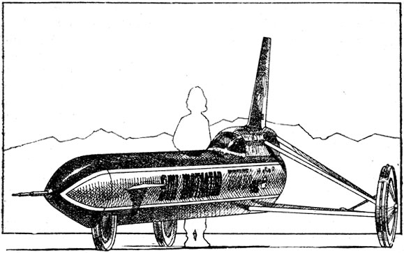 Реактивный автомобиль 'Моутивейтор', на котором 8 декабря 1976 года Китти О'Нэйл установила женский абсолютный рекорд скорости 843,323 км/ч. Сила тяги ракетного двигателя 10800 кгс. Длина автомобиля 11280 мм. Колеса диаметром 810 мм выполнены из легкого сплава. Масса автомобиля 1343 кг. Расчетная скорость 1250 км/ч