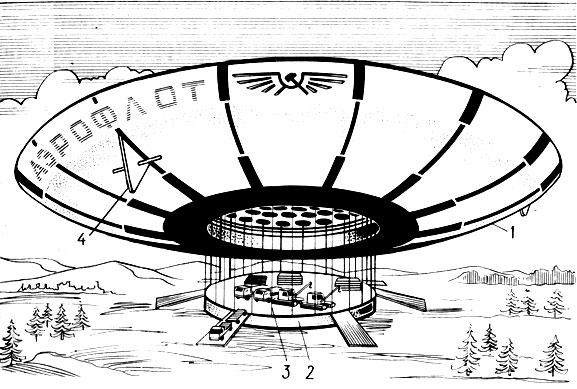 Рис. 36. Проект аппарата 'Термоплан': 1 корпус; 2 - грузовая платформа с вакуумным якорем; 3 - канат для спуска платформы; 4 - руль