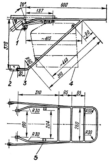Рис. 54. Общий вид багажника для «Явы-634»: 1 — узел рамы мотоцикла; 2 — рама; 3 — основной подкос багажника; 4 — контур боковой площадки; 5 — задний верхний узел крепления