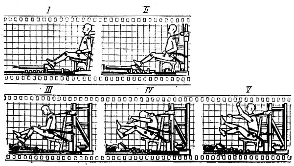 Рис. 11. Фазы (I - V) перемещения манекена, закрепленного диагонально поясным ремнем безопасности, при динамическом испытании