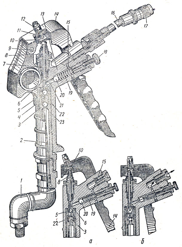 Рис. 41. Устройство и схемы работы пистолета, повышающего давление смазки: а - заполнение пистолета смазкой; б - нагнетание смазки; 1 - штуцер для присоединения шланга; 2 - фильтр; 3 - обратный клапан; 4 и 19 - пружины клапанов; 5 - впускной клапан; 6 - плунжер; 7 - гайка сальника; 8 - пружина плунжера; 9 - ось рычага; 10 - регулировочный упор; 11 - болт; 12 - колпачковая контргайка; 13 - корпус; 14 - рычаг; 15 и 21 - каналы; 16 - трубка; 17 - смазочная головка; 18 - вентиль; 20 - клапан высокого давления; 22 - корпус клапанов; 23 - гильза корпуса