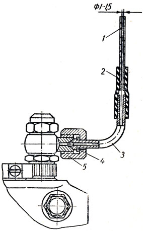 Рис. 98. Моментоскоп: 1 - стеклянная трубка; 2 - переходная резиновая трубка; 3 - топливопровод высокого давления; 4 - шайба; 5 - накидная гайка