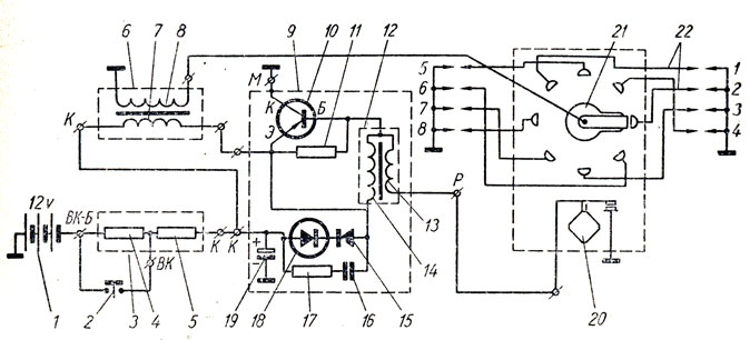 Рис. 119. Принципиальная схема контактно-транзисторной системы зажигания: 1 - аккумуляторная батарея; 2 - контактный диск тягового реле включения стартера; 3 - коробка добавочных сопротивлений СЭ107; 4 - добавочное сопротивление Rsub1/sub; 5 - добавочное сопротивление Rsub2/sub; 6 - катушка зажигания (КЗ) Б114; 7 - первичная обмотка КЗ; 8 - вторичная обмотка КЗ; 9 - транзисторный коммутатор ТК102; 10 - германиевый транзистор (Т) - усилитель; 11 - керамическое сопротивление базы Rsubб/sub; транзистора; 12 - импульсный трансформатор (ИТ); 13 - первичная обмотка ИТ; 14 - вторичная обмотка ИТ; 15 - германиевый диод (Дsub1/sub) запирания транзистора; 16 - конденсатор (Сsub1/sub) блока защиты; 17 - керамическое сопротивление (Rsub1/sub) блока защиты; 18 - кремниевый стабилитрон (Дsubст/sub) блока защиты; 19 - электролитический конденсатор (Сsub2/sub); 20 - прерыватель тока управления транзистором; 21 - распределитель тока высокого напряжения; 22 - свечи зажигания