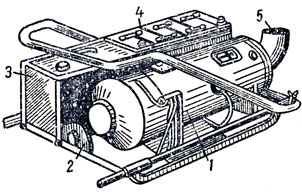 Рис. 194. Передвижной отопитель на санном ходу модели ОВ-65: 1 - отопитель; 2 - пульт управления; 3 - топливный бачок; 4 - аккумуляторная батарея; 5 - раструб подачи горячего воздуха