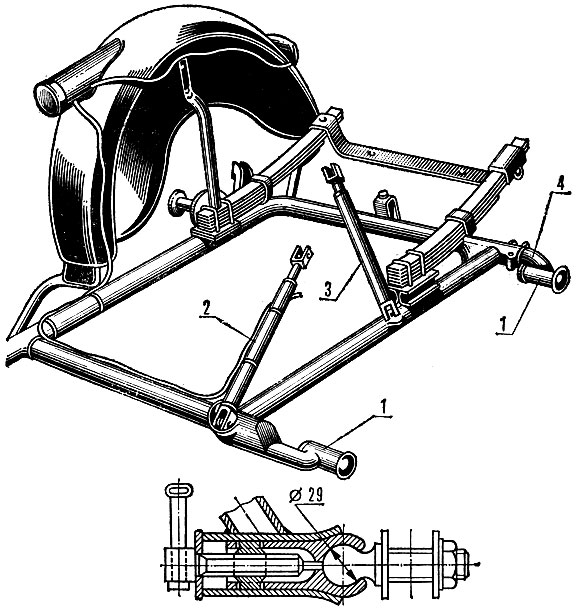Рис 69. Рама коляски мотоцикла: 1 - цанговое крепление; 2 - передняя тяга; 3 - задняя тяга; 4 - коленчатый рычаг задней точки крепления коляски (выдвижной)