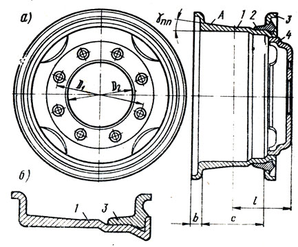 Рис. 1.8. Ободья грузовых автомобилей: а - двухкомпонентный; б - трехкомпонентный; 1 -основание обода; 2 - замочное кольцо; 3 - бортовое кольцо; 4 - приварной диск; А - посадочная полка; Б - ширина закраины; с - ширина обода; 1 - вылет диска; D1 - диаметр крепежных отверстий; D2 - внутренний диаметр диска; γпп - угол наклона посадочной полки