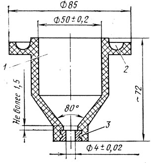 Рис. 13. Схема вискозиметра ВЗ-4: 1 - резервуар; 2 - желобок для стенания избытка краски; 3 - сопло