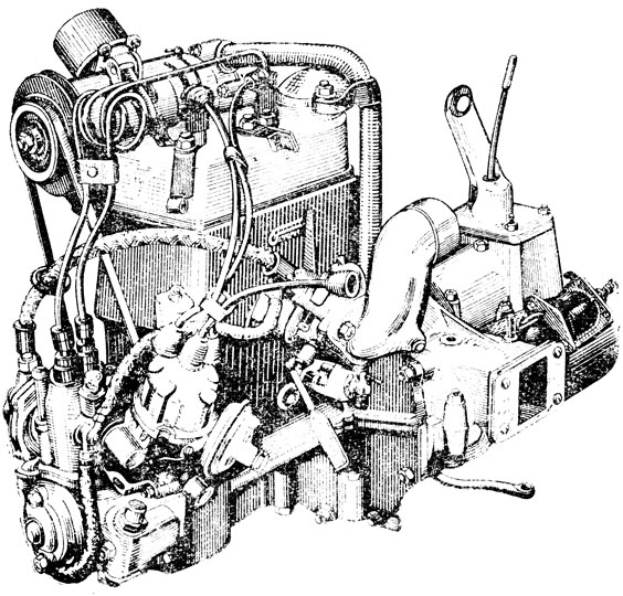 Рис. 26. Двухцилиндровый двигатель с непосредственным впрысков топлива и в блоке со сцеплением и коробкой передач автомобиля 'Голиаф'