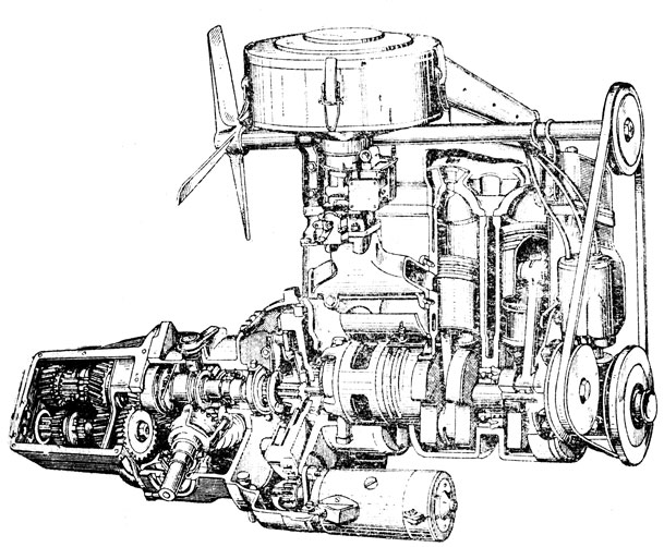 Рис. 31. Трехцилиндровый двигатель автомобиля 'Сааб' в блоке со сцеплением, коробкой передач и главной передачей