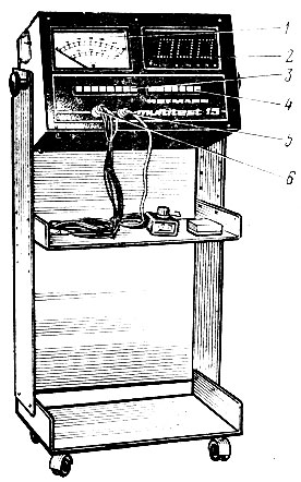 Рис. 3. Стенд 'Multitest-15': 1, 2 - индикаторы; 3, 4 - клавиши управления; 5 - выход для подключения стробоскопа, 6 -  жгут проводов